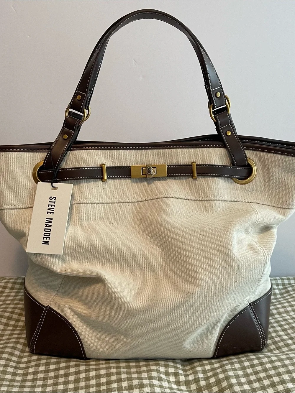 NWT Steve Madden Beige Canvas Tote with Chocolate Brown Trim and Gold Hardware